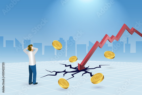 Bitcoin margin call, crypto currency falling graph cracked floor,  Frustrated businessman losing money in bitcoin investment. Money lost in digital money stock market trading concept