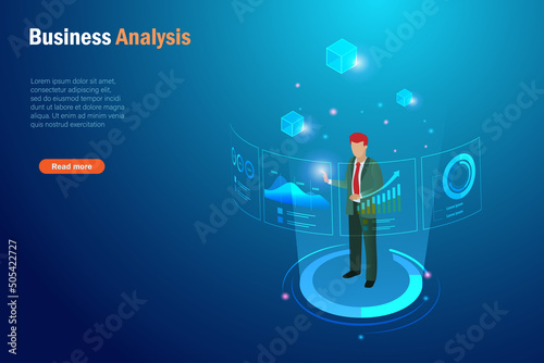 Businessman analysing virtual growth graph and block chain network connecting. Global business development, digital marketing, financial banking technology with cyber security protection.