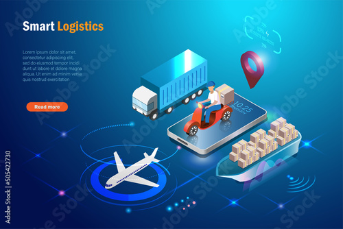 Global logistics. Online delivery and smart supply chain delivery system. Deliveryman on smartphone network connecting in airfreight, seafreight and transportation truck tracking system.