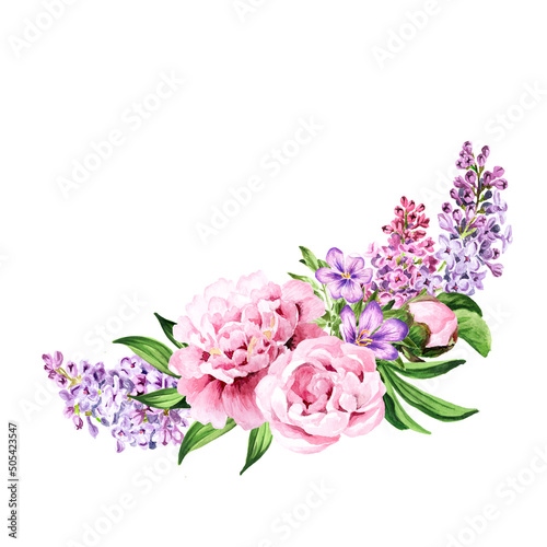 Decorative bouquet of flowers for a festive card, greeting card, invitation, leaflet. Hand drawn watercolor illustration isolated on white background