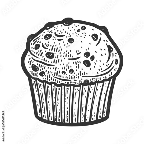 Muffin cake with chocolate sketch engraving vector illustration. T-shirt apparel print design. Scratch board imitation. Black and white hand drawn image.