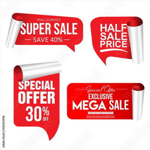 Red stickers curled wrapped paper sticker collection price labels sale banners