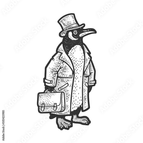 penguin businessman in business suit with case and top hat sketch engraving vector illustration. T-shirt apparel print design. Scratch board imitation. Black and white hand drawn image.