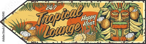 Tiki lounge. Summer surfing bar poster with tropical leaves