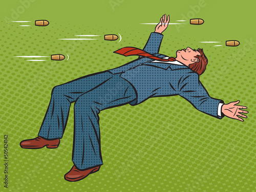 businessman dodging bullets like superhero pop art retro vector illustration. Comic book style imitation.