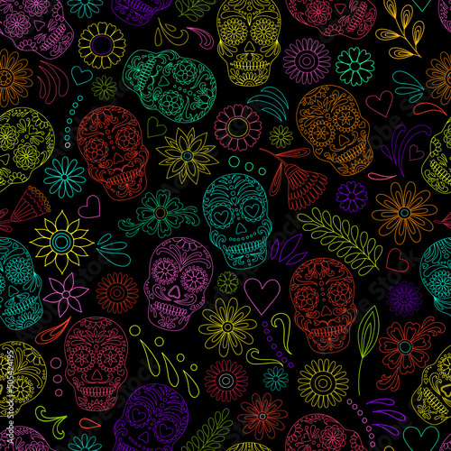 Day of the dead sugar skull pattern. Dia de los muertos print. Day of the dead and mexican Halloween. Mexican tradition festival texture. Dia de los Muertos tattoo skulls on black background.