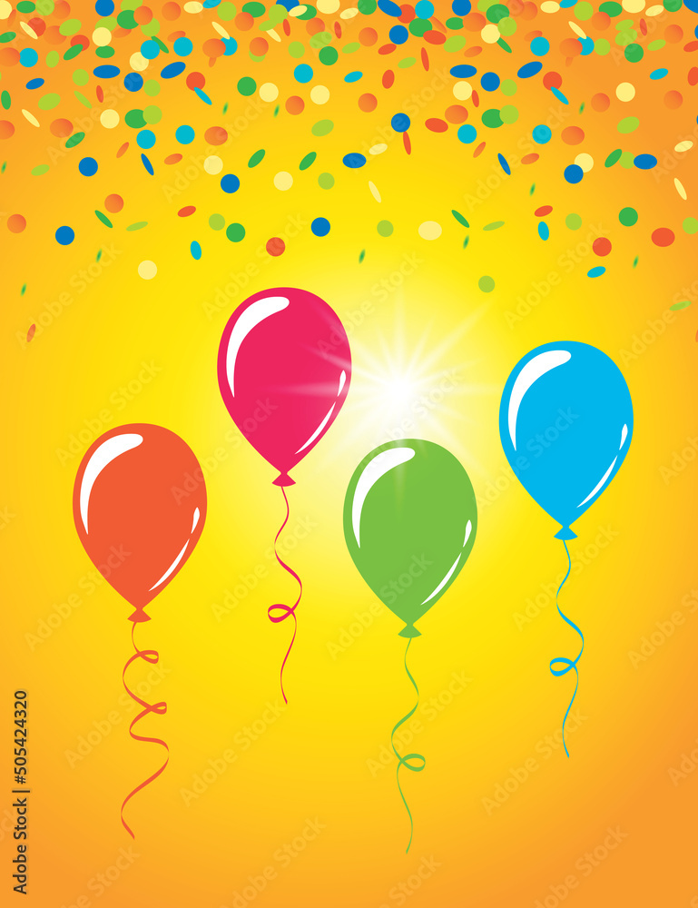 sunny background with colorful balloons and confetti