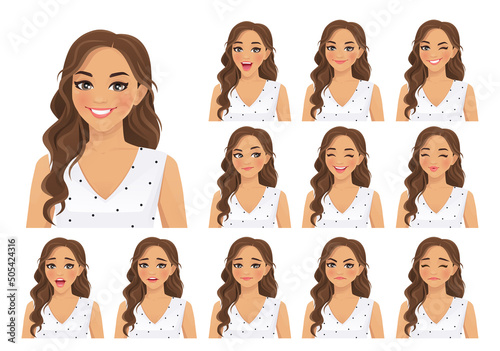 Young woman with curly hairstyle different facial expressions set isolated vector illustration