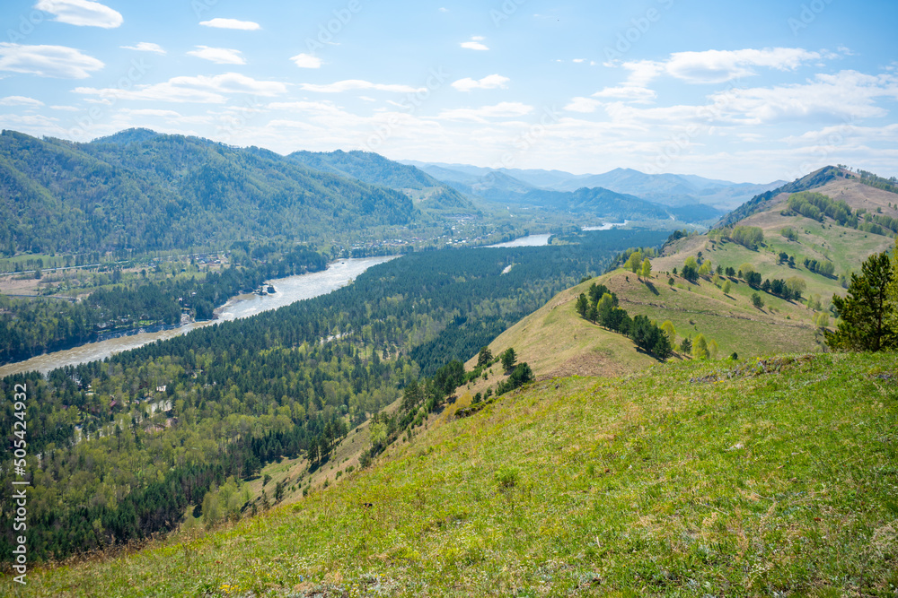 Fototapeta premium View with mountains, river Katun and valley from top of the rock - damn finger - in the mountainous Altai, Russia 