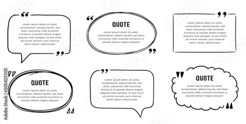 Quote box sketch, text frame set. Hand drawn scribble doodle style quote box, text border with square, speech bubble, cloud shape. Vector illustration.