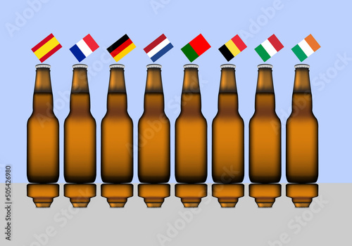 Botellas de cerveza con la bandera de España, Francia, Portugal, Alemania, Holanda, Bélgica, Italia e Irlanda y el reflejo de las botellas