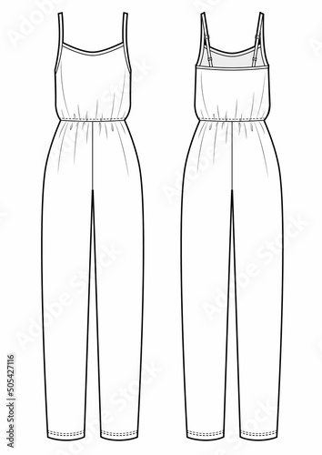 technical sketche of women's jumpsuit with straps.