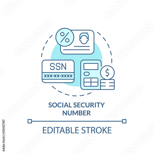 Social security number turquoise concept icon. Personal record. Program application abstract idea thin line illustration. Isolated outline drawing. Editable stroke. Arial, Myriad Pro-Bold fonts used