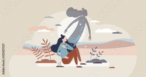 Spirit and soul rise from female body after astral trip tiny person concept. Meditation and yoga self release freedom feeling with physical and mental mindfulness and harmony vector illustration.