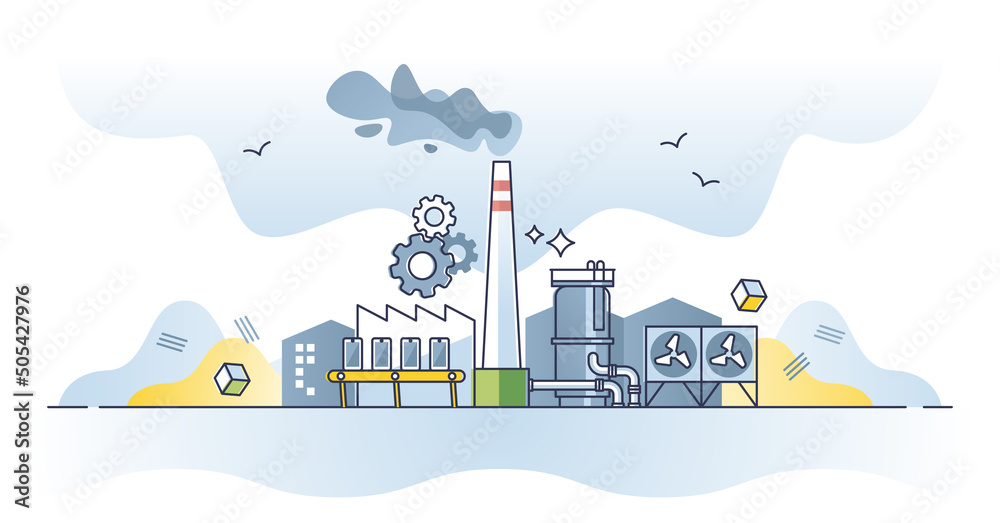 Manufacturing goods in modern production assembly factory outline concept. Industrial building with chimney, warehouse and manufacture parts vector illustration. CO2 pollution from consumer society. - obrazy, fototapety, plakaty 
