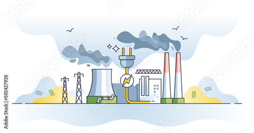 Generating power and electricity production with energy plant outline concept. Facility with generator turbines and carbon smoke chimney vector illustration. Factory station with transformer lines.