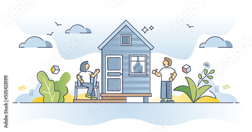 Tiny house building as small and compact home property outline concept. Camping with little real estate as living container vector illustration. Remote lifestyle with portable mini forest cottage.