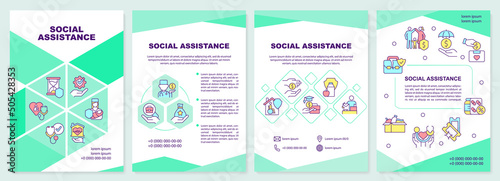 Social assistance brochure template. Services and programs. Leaflet design with linear icons. 4 vector layouts for presentation, annual reports. Arial-Black, Myriad Pro-Regular fonts used