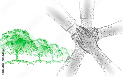 Save planet nature environment grow life eco. People together work on solution polygon triangles low poly vector illustration