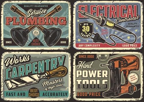 Power and hand tools advertising posters set