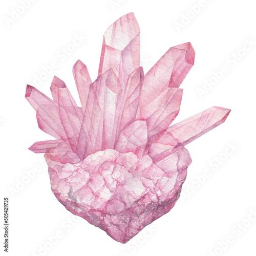 Rose Quartz watercolor gemstone. Zodiac stone isolated on white background. Healing crystal illustration