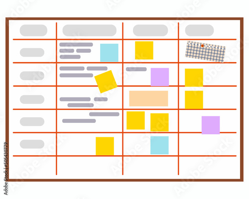Planning board, diagrams and tasks with stickers. Vector illustration in a flat style.