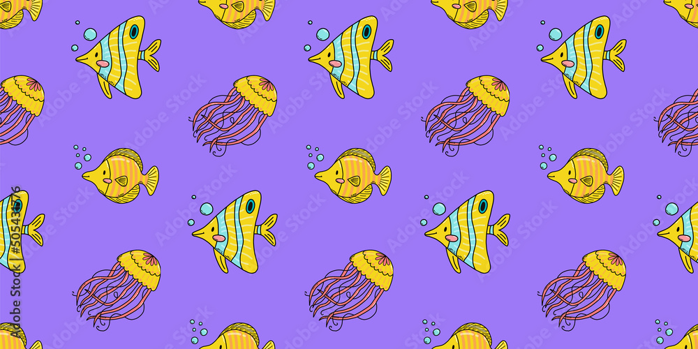 Seamless pattern with cute doodle cartoon sea animals. Vector ...