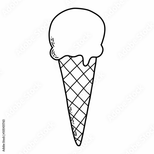 Vector illustration. Doodle ice cream isolated on white background. Waffle cone. Coloring page for kids.