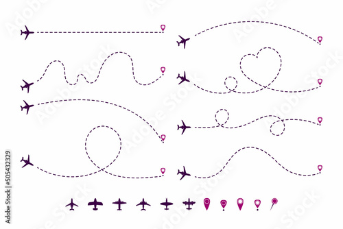 Dotted airplane trajectories cartoon illustration set. Path or way of plane, aircraft of jet in shape of heart, line or circles with destination point or location mark. Travel, distance, route concept