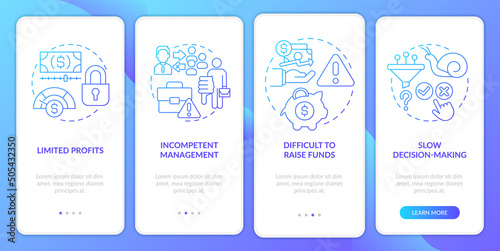 Co-ops problems blue gradient onboarding mobile app screen. Difficulties walkthrough 4 steps graphic instructions pages with linear concepts. UI, UX, GUI template. Myriad Pro-Bold, Regular fonts used