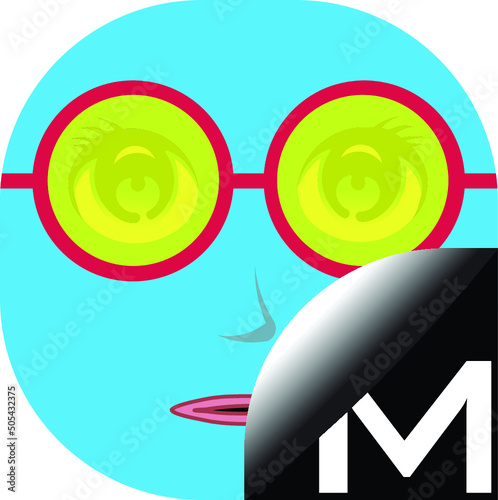 A character of aqua blue avatar with a letter M and yellow red glasses. Alphabetical cartoon face with a letter M