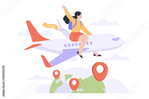 Happy woman riding plane or aircraft flat vector illustration. Tourist travelling by airplane, flying above planet with location pins. Transport, travel, trip, journey concept