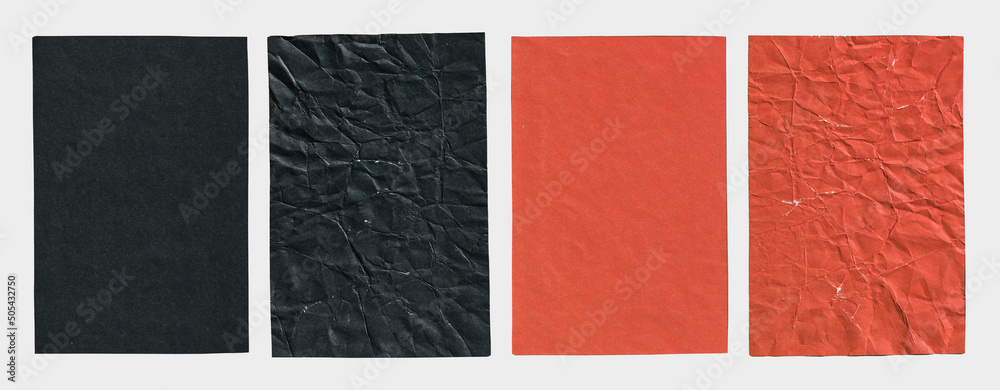 Fototapeta premium Old Black and Red Aged Folded Crumpled Paper Sheet Cardboard Photo Card. Rough Grunge Shabby Scratched Texture. Distressed Overlay Surface for Mixed Media Collage. 