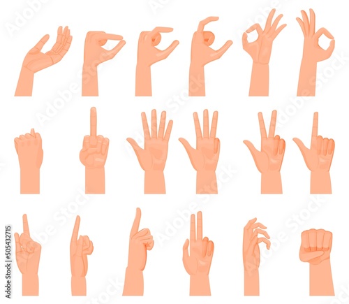 Hand gestures. Counting to five on fingers, fico, cartoon flat style. Sign language