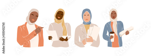Muslim diversity women with notebooks. Modern abstract girls in hijab working in office. Arab bussineswomen. Flat vector illustration isolated on white background.