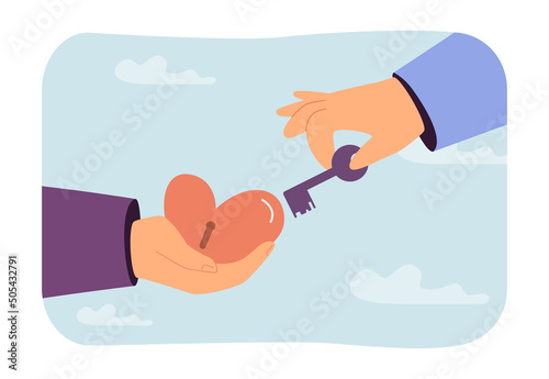 Person opening heart with key. Love concept for banner, website design or landing web page