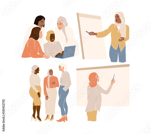 The multinational diversity of the women's work team. Muslim woman in a hijab holds a presentation. The modern concept of business diversity. Business meeting. Vector illustration isolated.