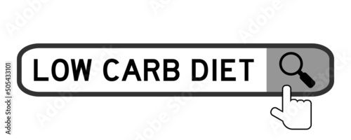 Search banner in word ketogenic diet with hand over magnifier icon on white background