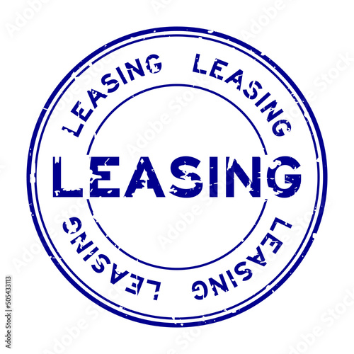 Grunge blue leasing word round rubber seal stamp on white background