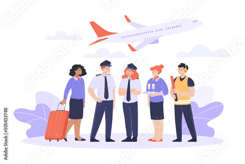 Airplane crew or staff flat vector illustration. Male and female pilots in command, flight attendants or stewardess in uniform standing together. Team, job, aviation, airline concept