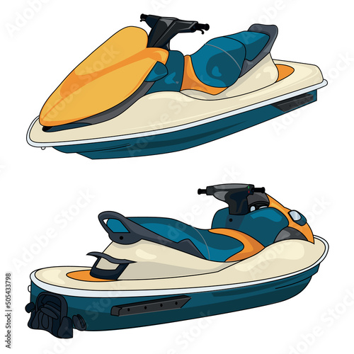 Jet ski or jet boat in cartoon style and outline with front view and back view isolated on white background
