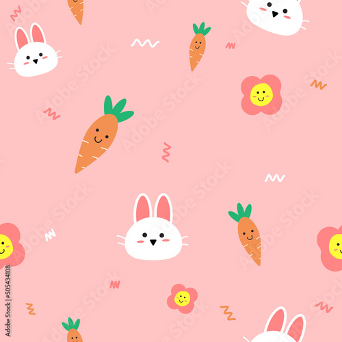 cute rabbit with flower and carrot fabric seamless cute pattern in pink