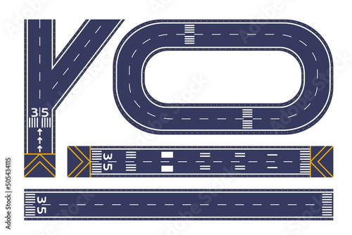 Airport runaways for landing airplane cartoon illustration set. Top view of aircraft, jet or plane takeoff strip. Aviation, flight, travel, transportation, arrival concept