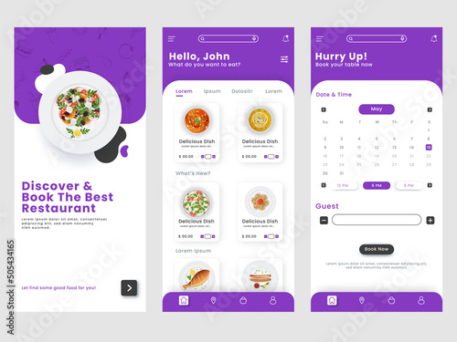 Restaurant Mobile App UI, GUI Or Splash Screen Template Login, Menu, Book Now For Advertising.
