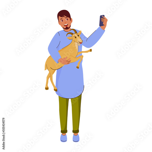 Islamic Man Taking Selfie With Goat On White Background.