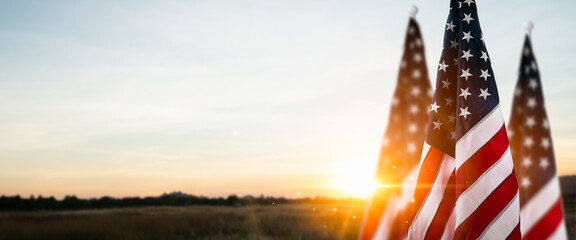 American flag waving in the sunrise.American flag for Memorial Day,4th of July,Labour Day.Independence Day concept.