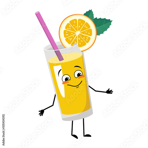 Orange smoothie with fruit and straw character with joyful emotions, happy face, smile eyes, arms and legs. Healthy vitamin drink in glass funny facial expression and pose. Vector flat illustration