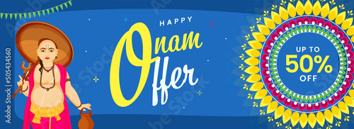 Up To 50% Off For Onam Sale Banner Or Header Design With Vamana Avatar. photo