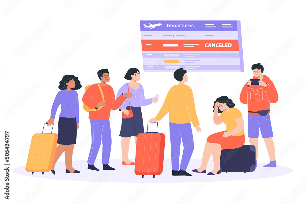 Sad passenger worrying about cancelled flight. Frustrated men and women waiting for delayed flight in airport terminal, looking at flight schedule board flat vector illustration. Travel concept - obrazy, fototapety, plakaty 