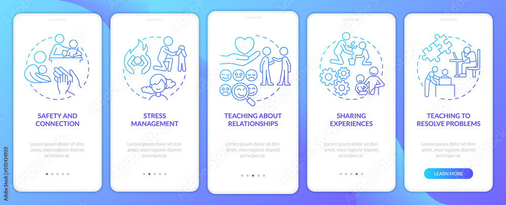 Family relations importance blue gradient onboarding mobile app screen. Walkthrough 5 steps graphic instructions pages with linear concepts. UI, UX, GUI template. Myriad Pro-Bold, Regular fonts used